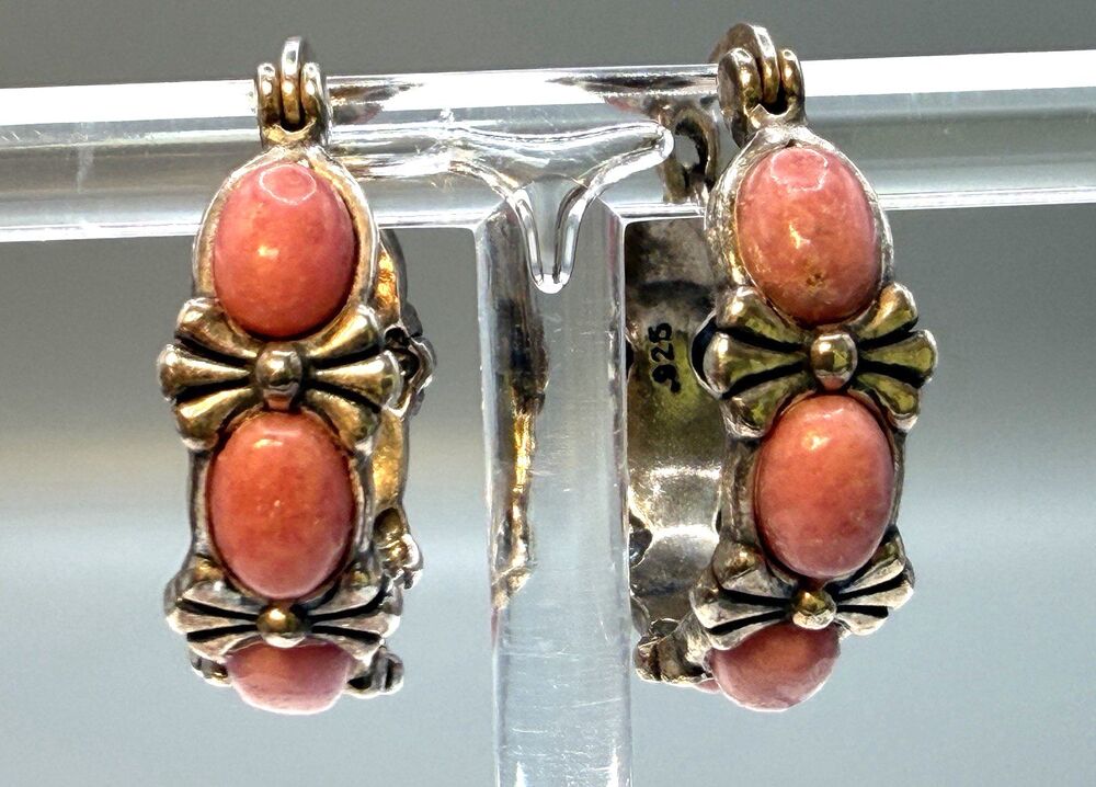 Vintage Shube Sterling Silver 925 Rhodochrosite Hoop Earrings Southwestern
